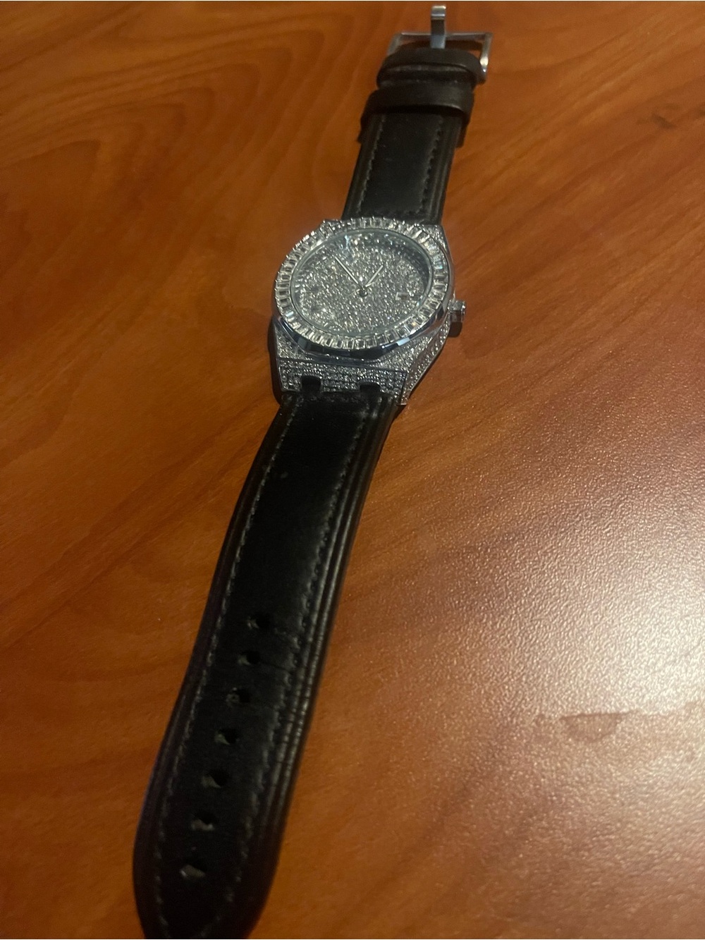 Men's Black Leather Strap Watch with Silver Lab Diamonds Crystal Dial